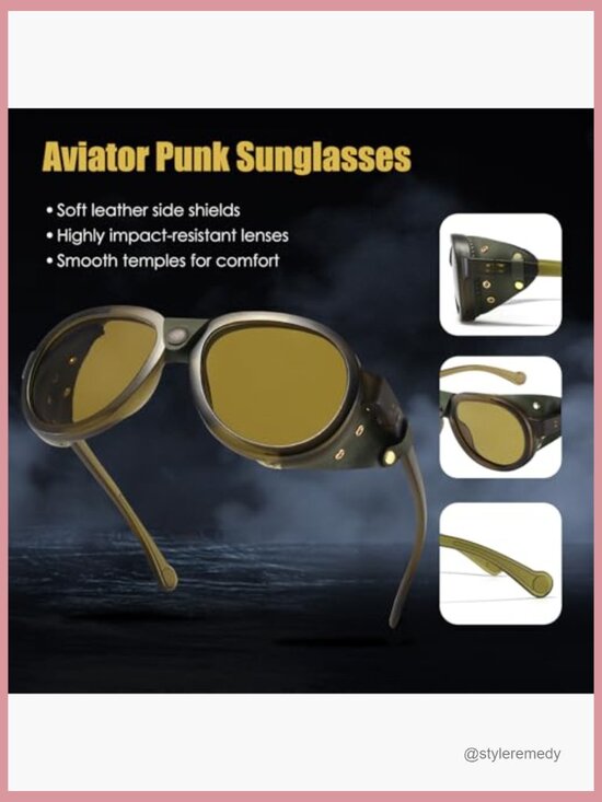 Retro Aviator Steampunk Polarized Sunglasses with Leather Side Shield